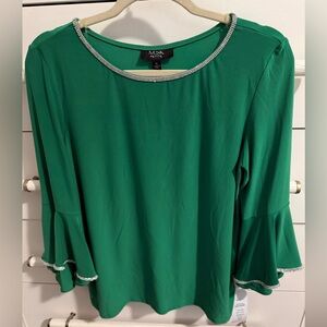 MSK Emerald Green Ruffle Sleeve Blouse with Rhinestone Trim